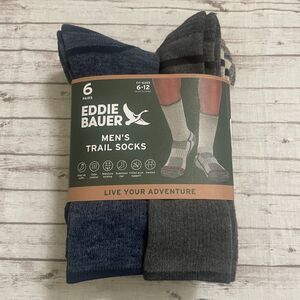 NIP New Eddie Bauer Men's 6-Pack Trail Socks Tan Grey Blue Fit Size 6 - 12